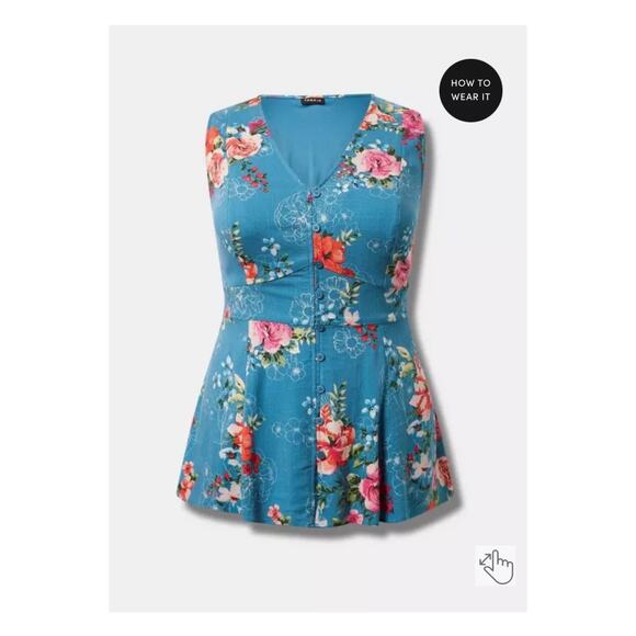 Torrid Blue Floral Rayon Slub Button Up With Waist Detail Tank Blouse Sz.3 - Picture 4 of 16